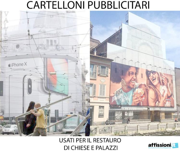 Cartelloni pubblicitari usati per il restauro di chiese e palazzi storici